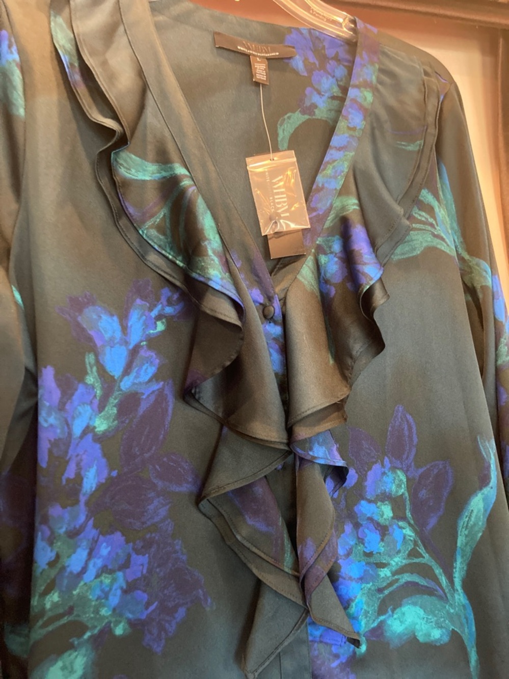 WHBM Emerald Green & indigo Floral pattern/Ruffle Blouse - Picture 3 of 9